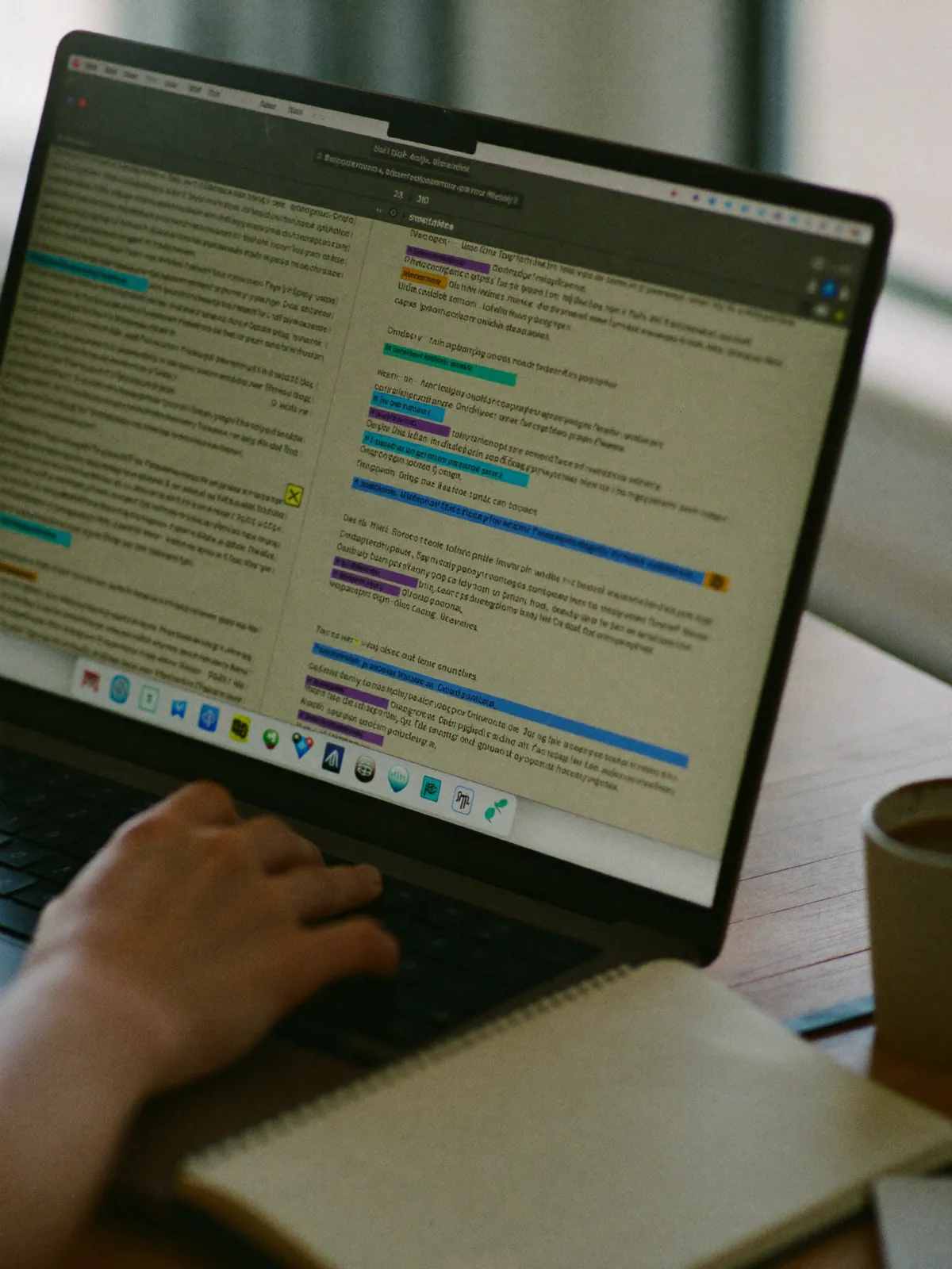 A laptop screen showing interview text with colour-coded highlighted passages