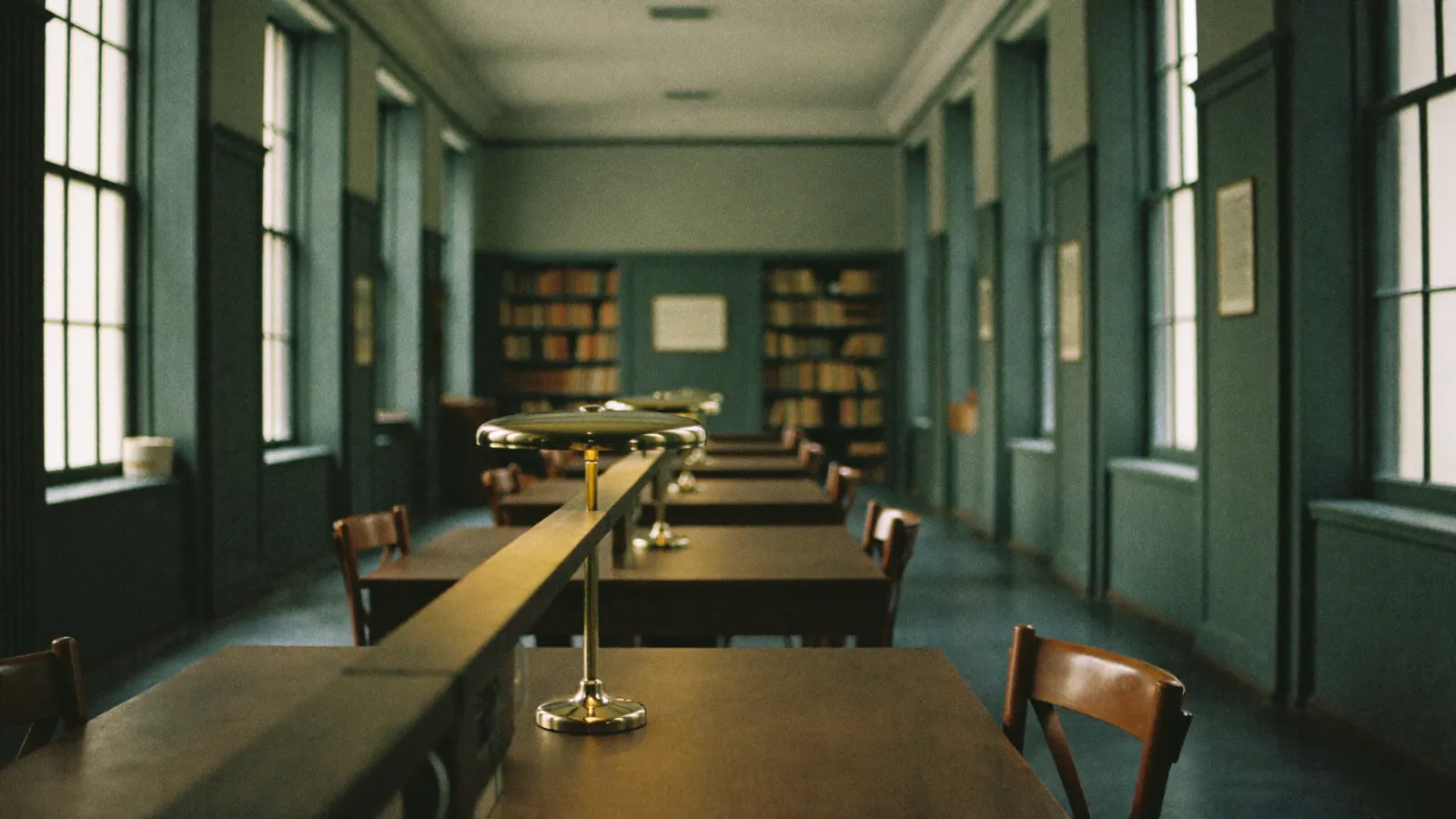 A quiet university library study space in warm daylight