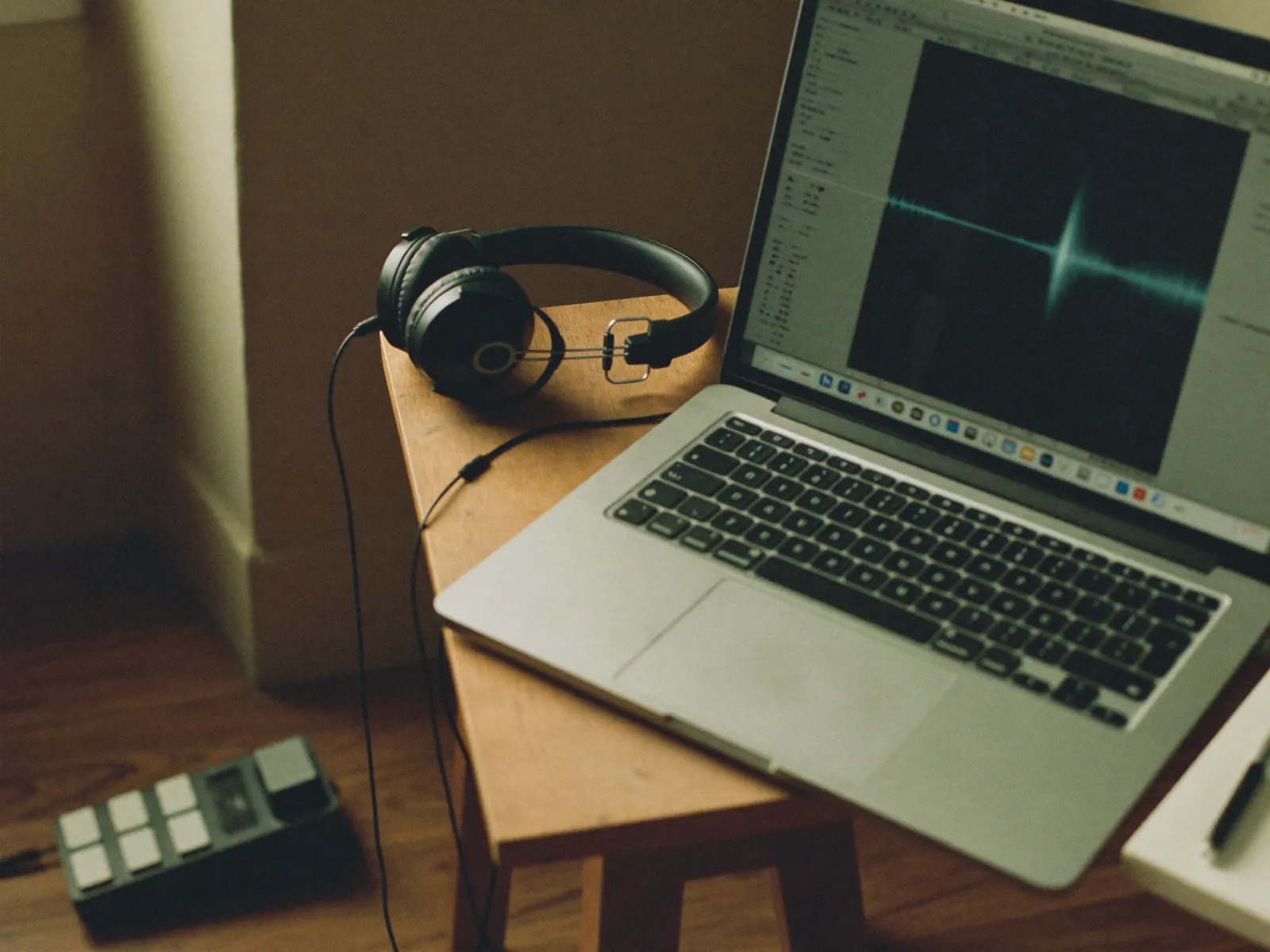 Headphones and a laptop showing an audio waveform on a desk
